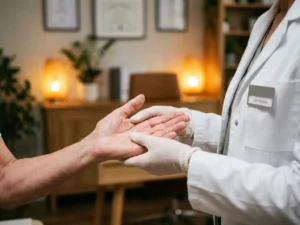 Orthopedisch specialist onderzoekt ontspannen open handpalm van patiënt in warme, professionele behandelkamer.