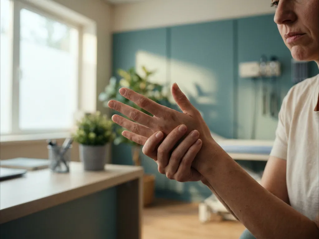 Persoon houdt eigen hand vast met lichte pijn, zittend in moderne medische spreekkamer met zacht natuurlijk licht.