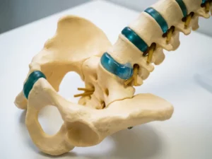 Anatomisch doorsnijmodel van lumbale wervelkolom met uitpuilende tussenwervelschijf die op zenuwwortel drukt.