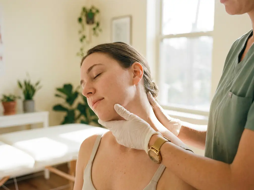 Patiënt die nek roteert tijdens fysiotherapie, ondersteund door handen van specialist in lichte klinische ruimte.