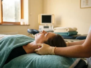 Fysiotherapeut ondersteunt voorzichtig de cervicale wervelkolom van een patiënt tijdens nekbehandeling in een warme behandelkamer.