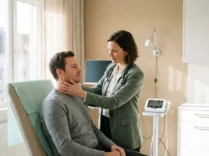 Specialist onderzoekt de nek van een patiënt in een moderne, lichte privékliniek met warme beige tinten.