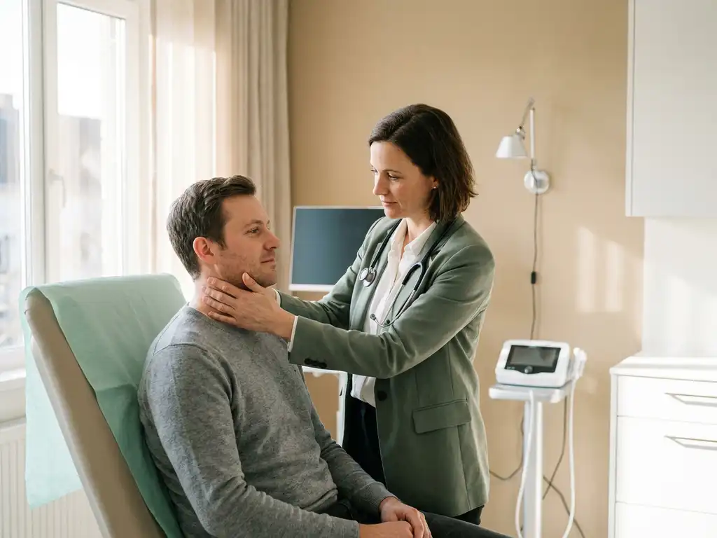 Specialist onderzoekt de nek van een patiënt in een moderne, lichte privékliniek met warme beige tinten.