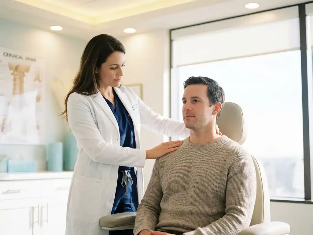Arts onderzoekt de nekwervelkolom van een zittende patiënt in een lichte privékliniek.