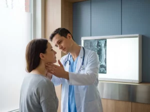 Arts onderzoekt patiënt cervicale wervelkolom in klinische omgeving, met MRI-scan op verlichte lichtbak op de achtergrond.