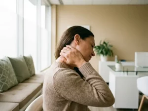 Persoon houdt hand tegen achterkant van de nek in moderne klinische omgeving met zacht natuurlijk licht.