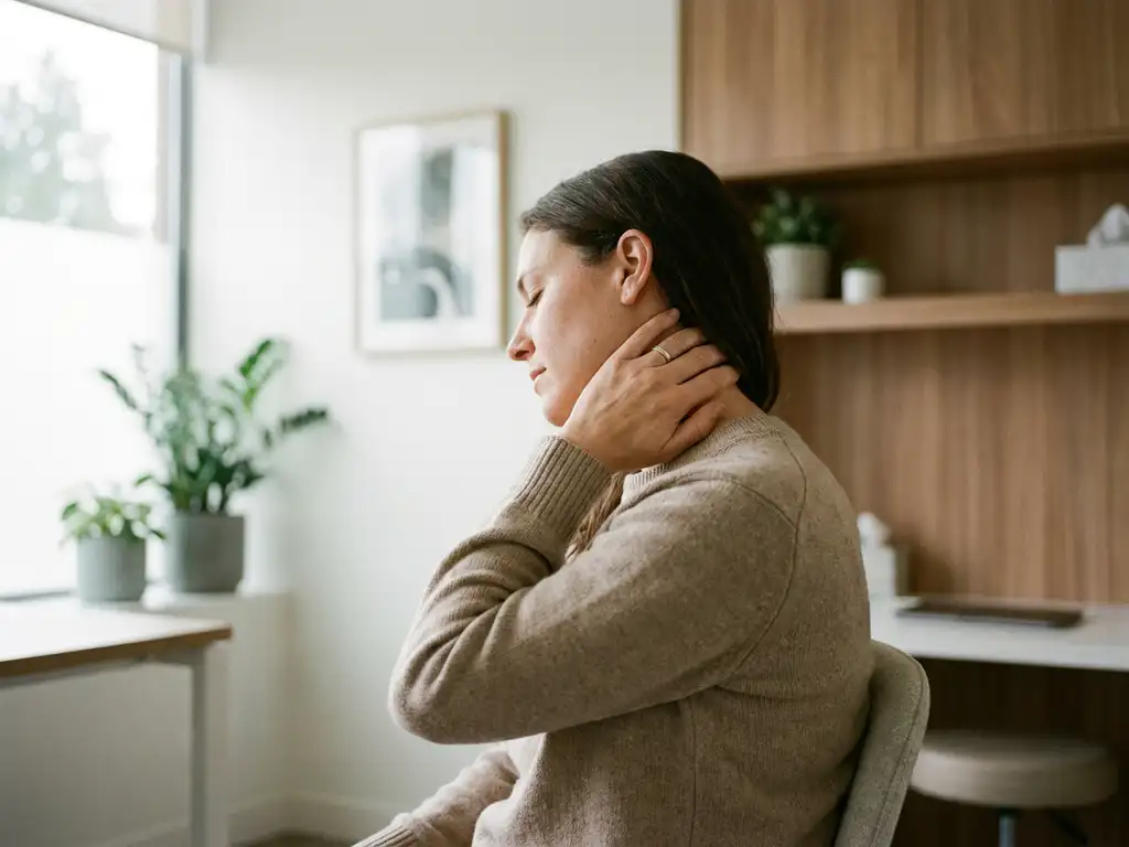 Persoon die hand tegen nek drukt in moderne klinische spreekkamer met warme houten accenten en zacht natuurlijk licht.