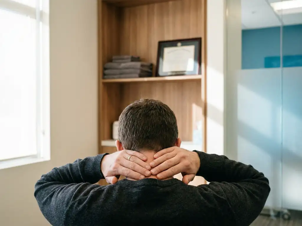 Persoon die vingers zacht tegen de nek drukt tijdens consult in lichte, moderne behandelkamer.