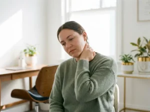 Persoon houdt hand achter nek bij nekpijn, zittend in heldere medische spreekkamer met natuurlijk raamlicht.