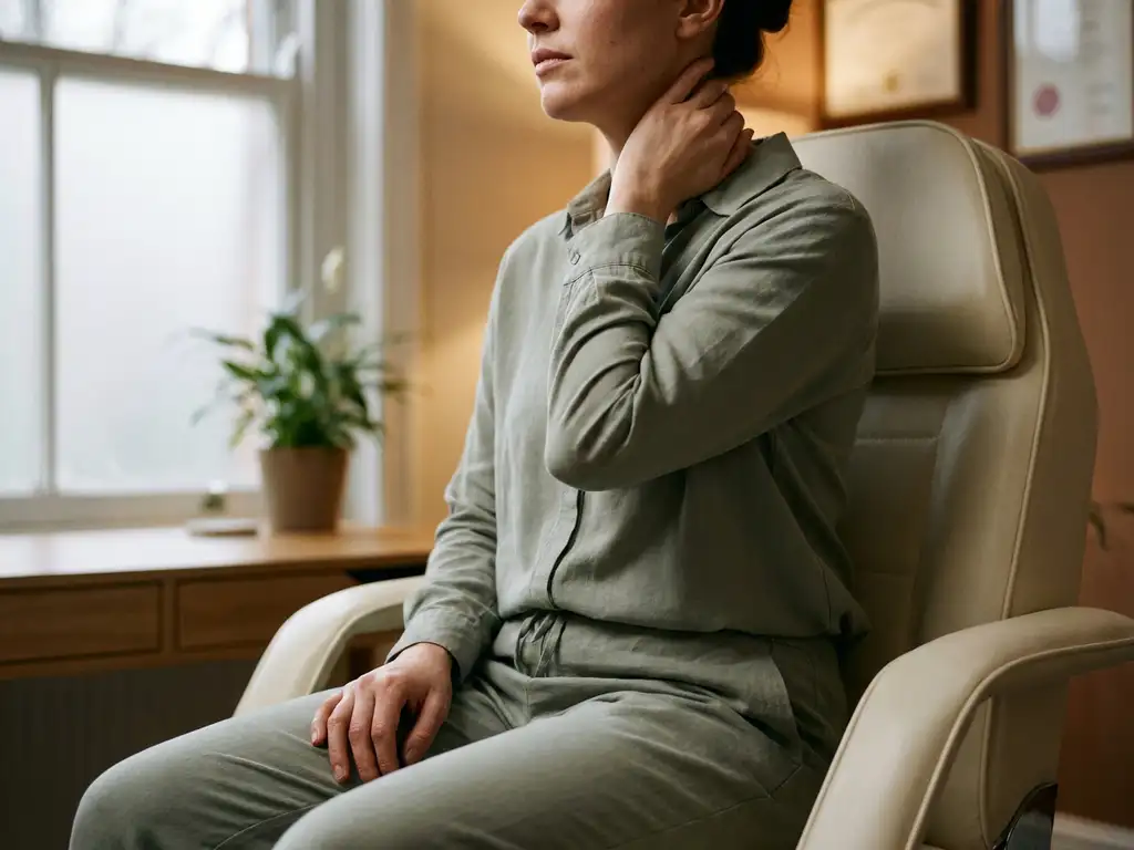 Persoon houdt nek vast in privékliniek, zittend in consultatiestoelen met zachte natuurlijke belichting en subtiele spanning in houding.