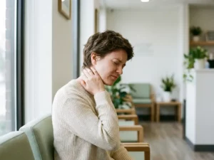 Persoon met gesloten ogen die vingertoppen tegen nek drukt van nekpijn, zittend in moderne wachtkamer.