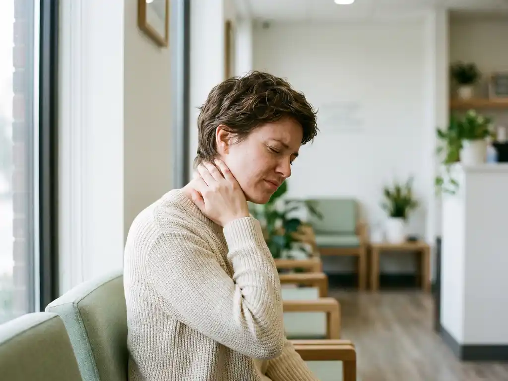 Persoon met gesloten ogen die vingertoppen tegen nek drukt van nekpijn, zittend in moderne wachtkamer.