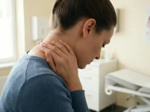 Persoon die vingertips tegen de achterkant van de nek drukt in een witte onderzoekskamer, zichtbare nekspanning, klinische sfeer.