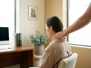 Patiënt die vingertoppen op de achterkant van de nek drukt tijdens een medisch consult in een moderne kliniek.