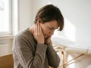 Persoon die vingertops tegen de schedelbasis en nek drukt tijdens een klinisch consult, zacht natuurlijk licht.
