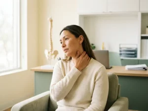 Patiënt betast nek en schouder tijdens consult bij wervelkolomspecialist, anatomisch model zichtbaar op achtergrond.