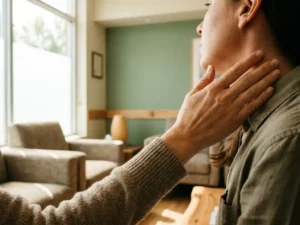 Persoon houdt hand tegen gespannen, stijve nek in moderne privékliniek wachtkamer met zacht natuurlijk licht.