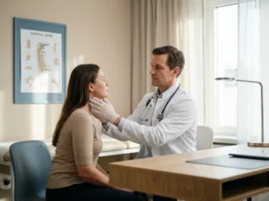Orthopedisch specialist palpeert de nek van een zittende patiënt tijdens consult in moderne, lichte behandelkamer.