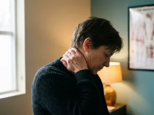 Persoon masseert gespannen, stijve nek met vingertoppen in een klinische consultatiruimte met zacht natuurlijk licht.