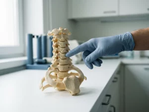 Specialist wijst cervicale wervels aan op anatomisch model van nek en wervelkolom in medische kliniek.