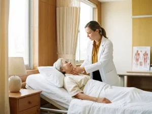 Specialist onderzoekt de nek van een rustende patiënt in een lichte privékliniek met warme houten accenten en natuurlijk licht.