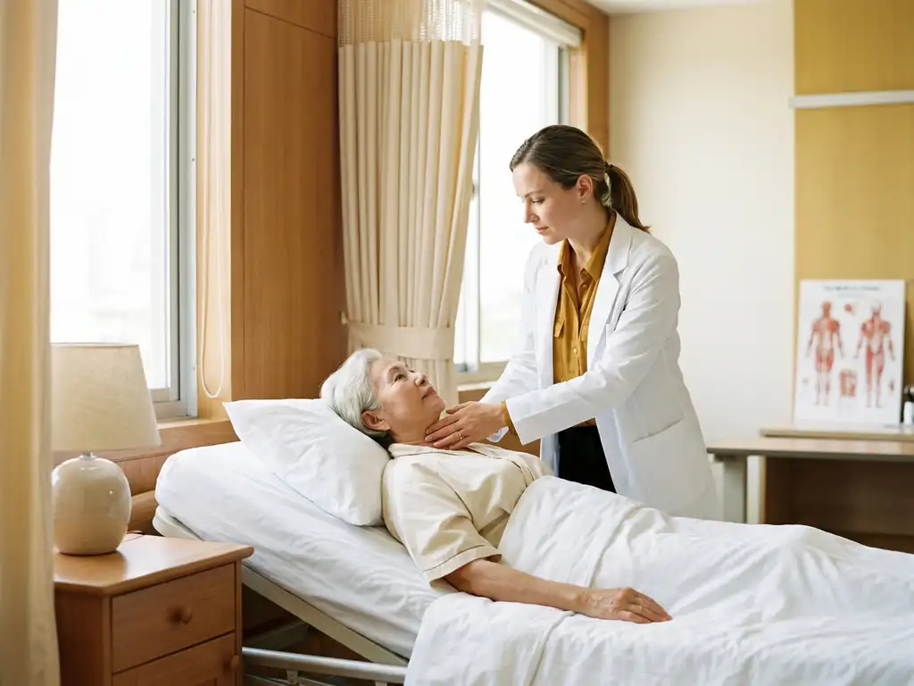 Specialist onderzoekt de nek van een rustende patiënt in een lichte privékliniek met warme houten accenten en natuurlijk licht.