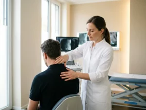 Orthopedisch specialist in witte jas onderzoekt nekwervel van patiënt tijdens consultatie in moderne behandelkamer.