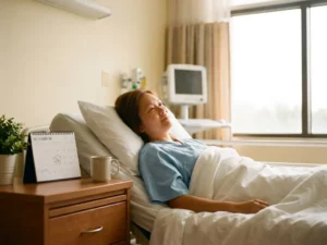 Patiënt rust in lichte privékliniek herstelkamer met wit beddengoed, zonlicht door groot raam en kalender op nachtkastje.