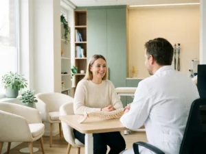 Patiënt in gesprek met orthopedisch specialist in moderne privékliniek, anatomisch wervelkolommodel op bureau.