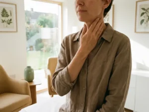 Patiënt die hand tegen zijkant van de nek drukt tijdens consult in moderne privékliniek met natuurlijk licht.