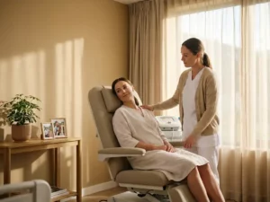 Patiënt oefent nekbeweging in lichte herstelkamer, begeleid door fysiotherapeut in orthopedische kliniek.