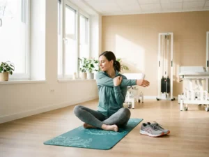 Revalidatiepatiënt in sportkleding doet een rekoefening op een yogamat in een lichte klinische ruimte, hardloopschoenen op de voorgrond.