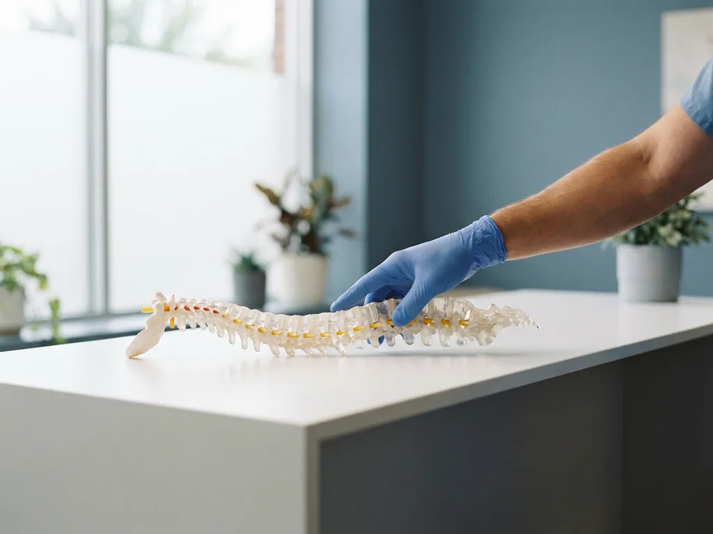 Chirurg in handschoenen onderzoekt lumbale wervels op anatomisch wervelkolommodel in moderne kliniek.