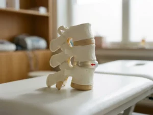 Anatomisch model van lumbale wervelkolom met licht uitpuilende tussenwervelschijf op witte klinische ondergrond.
