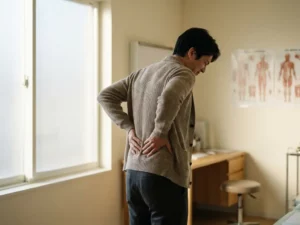 Persoon die beide handen op de lage rug drukt in een klinische ruimte, natuurlijke houding die rugpijn uitdrukt.