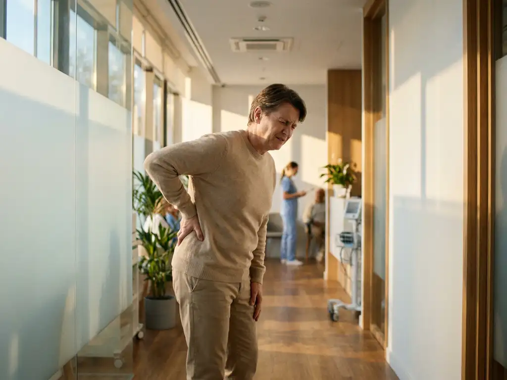 Persoon in ziekenhuisgang die hand op pijnlijke onderrug houdt, warm licht, moderne orthopedische kliniek op achtergrond.