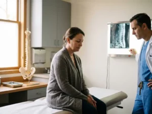 Patiënt op onderzoektafel terwijl specialist MRI-scan bestudeert op lichtbak, wervelkolommodel op aanrecht op de achtergrond.