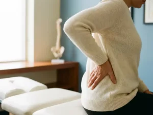 Persoon die lage rugpijn aanraakt terwijl zittend op een klinische onderzoektafel, met wervelkolommodel op de achtergrond.