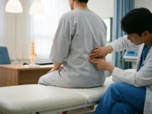 Arts die lumbale wervelkolom van zittende patiënt onderzoekt in klinische omgeving, met anatomisch wervelmodel op bureau.