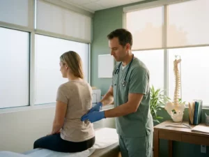 Zorgverlener in scrubs onderzoekt de lage rug van een patiënt in een heldere behandelkamer met anatomisch wervelkolommodel op het bureau.