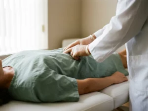 Chiropractor die met vingertoppen de lumbale wervelkolom van een patiënt onderzoekt tijdens een klinische consultatie.