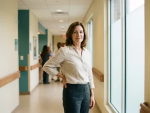 Persoon in moderne kliniekgang met hand op onderrug, staand in warm zijlicht van een raam.