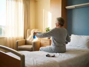 Patiënt strekt lage rug in lichte privékamer met fysiotherapie weerstandsband op bed, zacht natuurlijk raamlicht.