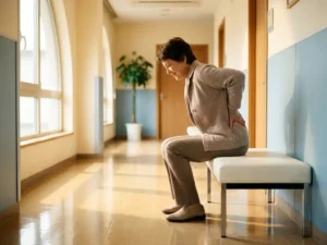 Persoon die rust op een witte bank in een zonnige kliniekgang, hand op de onderrug, uitdrukking van opluchting.