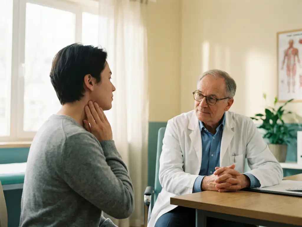 Patiënt betast zijkant van de nek tijdens medisch consult, specialist observeert aandachtig in witte onderzoekskamer.