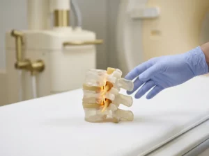 Anatomisch doorsnijdingsmodel van een lumbale wervelkolom met vernauwde wervelkanaal, arts met handschoen op de achtergrond.
