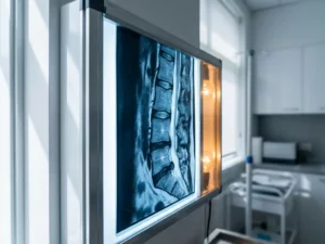 MRI-scan van lumbale wervelkolom op lichtkast met zichtbare vernauwing van het wervelkanaal in moderne orthopedische kliniek.