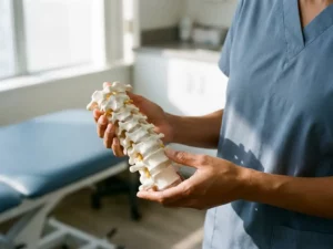 Medische professional houdt anatomisch wervelkolommodel vast met zichtbare cervicale wervels tijdens klinisch consult.