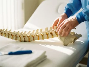 Anatomisch wervelkolommodel op witte ondergrond, met arts' handen bij de lumbale wervelkolom in warm klinisch licht.