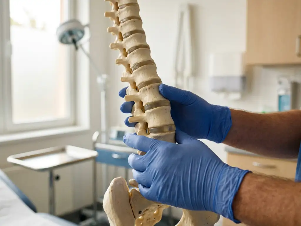 Chirurg in gehandschoende handen houdt anatomisch wervelkolommodel, focus op lumbale wervels, klinische omgeving.